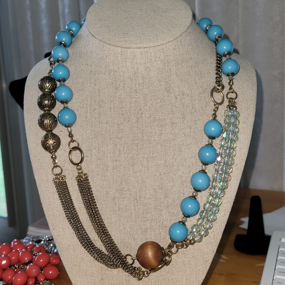 Vintage Turquoise Blue Mixed Media Bead Chain Necklace 48in 82g Boho